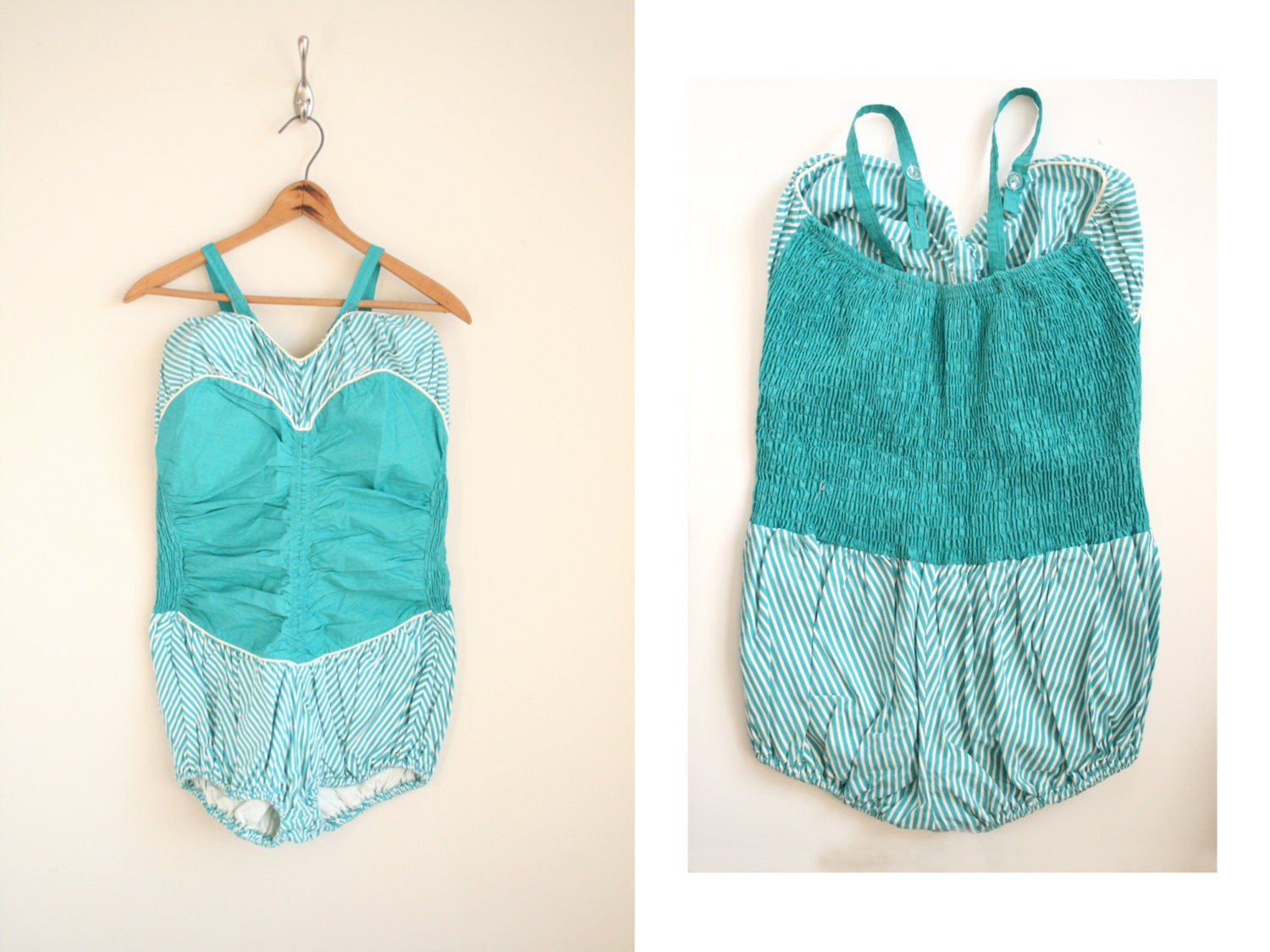 50s Pinstriped Swimsuit - Teal and White Stripe Playsuit - Ruched Swimsuit