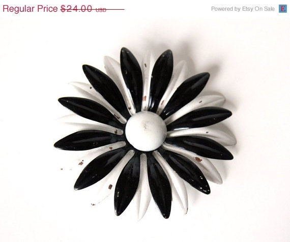 SALE Monochrome Daisy Brooch.  Black and White.  Enameled Metal.