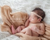Knit Baby Blanket, Newborn Mohair Wrap Set, Infant Photography Prop, Cocoon, Golden Sand Headband, Summer Neutral