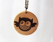 Owl print hand stamped wooden necklace