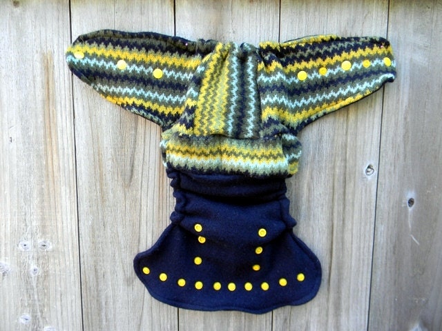 Upcycled Wool Nappy Cover Diaper Wrap Cloth Diaper Cover One Size Fits Most Navy Blue Green Yellow Zig Zag Pattern/ Navy Blue