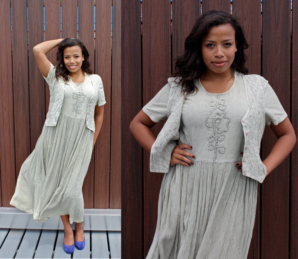 90s GRUNGE Maxi Dress Plus Size Hippie  Pleated Vest  Cinched Waist - loose flowy - Womens Size 12 - 17W XXL