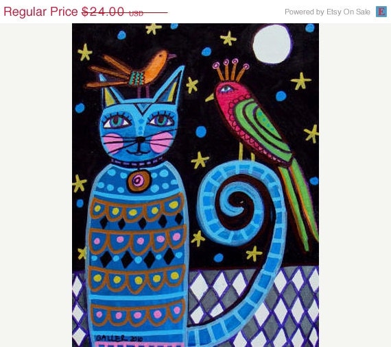 SALE ENDING - 11x14 Blue Cat and Red Bird Folk Art Print Poster of Painting