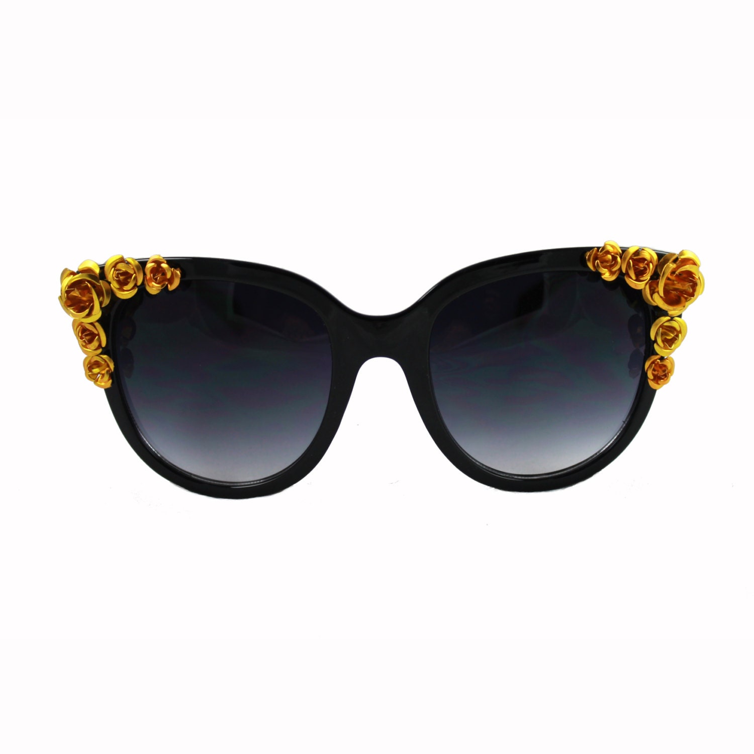 Gold Floral Beaded Large Frame Cat Eye Sunglasses