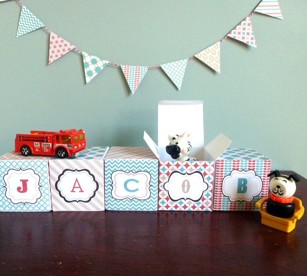 Vintage Parade Alphabet Box Templates - Birthday Party Favors, Decorations, Nursery Decor - Custom Monogram Name - Tiffany Blue & Coral Red