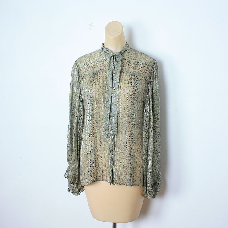 Vintage 70s Sheer Silk Metallic Blouse Huge Billowy Sleeves