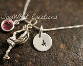 Sterling Silver Mini Initial Charm Necklace with Figure Skater Charm and birthstone