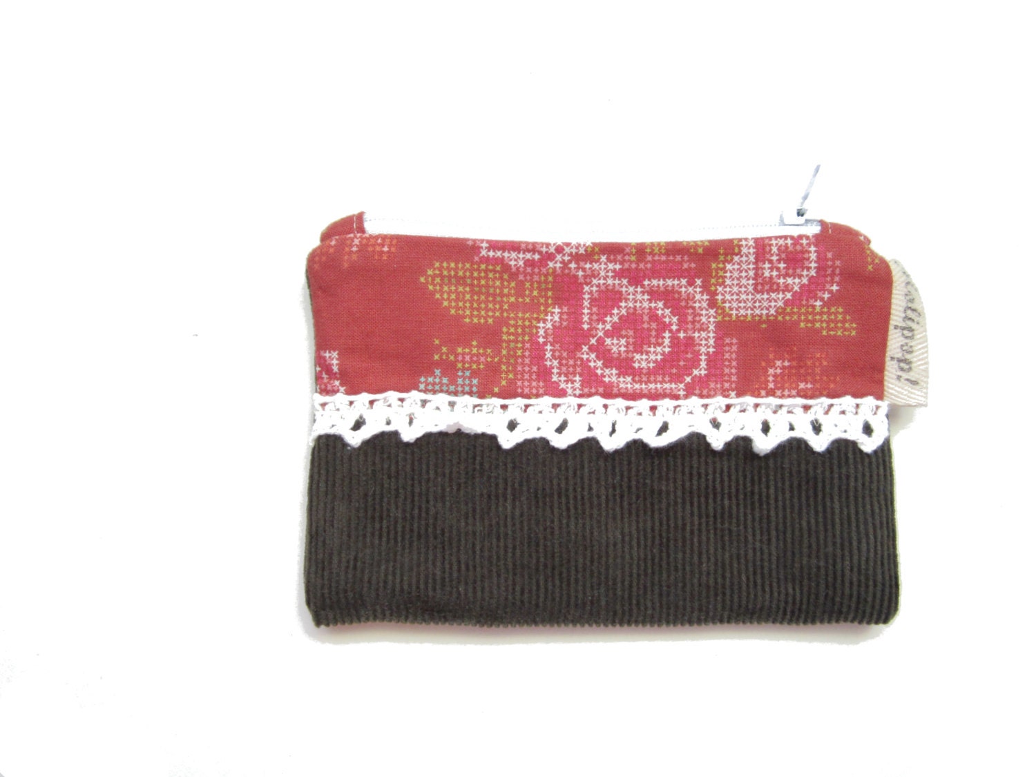 Coin Pouch - Dark Green and Pink with Crocheted Lace