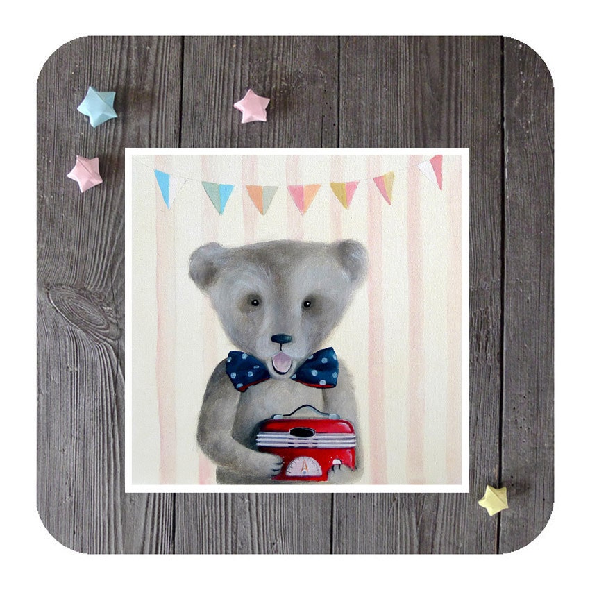 kids illustration, baby boy wall art decoration, children wall art,  whimsical nursery teddy bear by inameliart