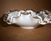Vintage Fenton Silvercrest Milkglass Ruffled Edge Bowl for candy, nuts small footed dish