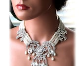 Wedding jewelry, OOAK Bridal bib necklace, vintage inspired pearl necklace, rhinestone Victorian bridal statement necklace