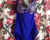 1980s Catalina Deep Blue Metallic Gold One Piece Swimsuit NOS Small