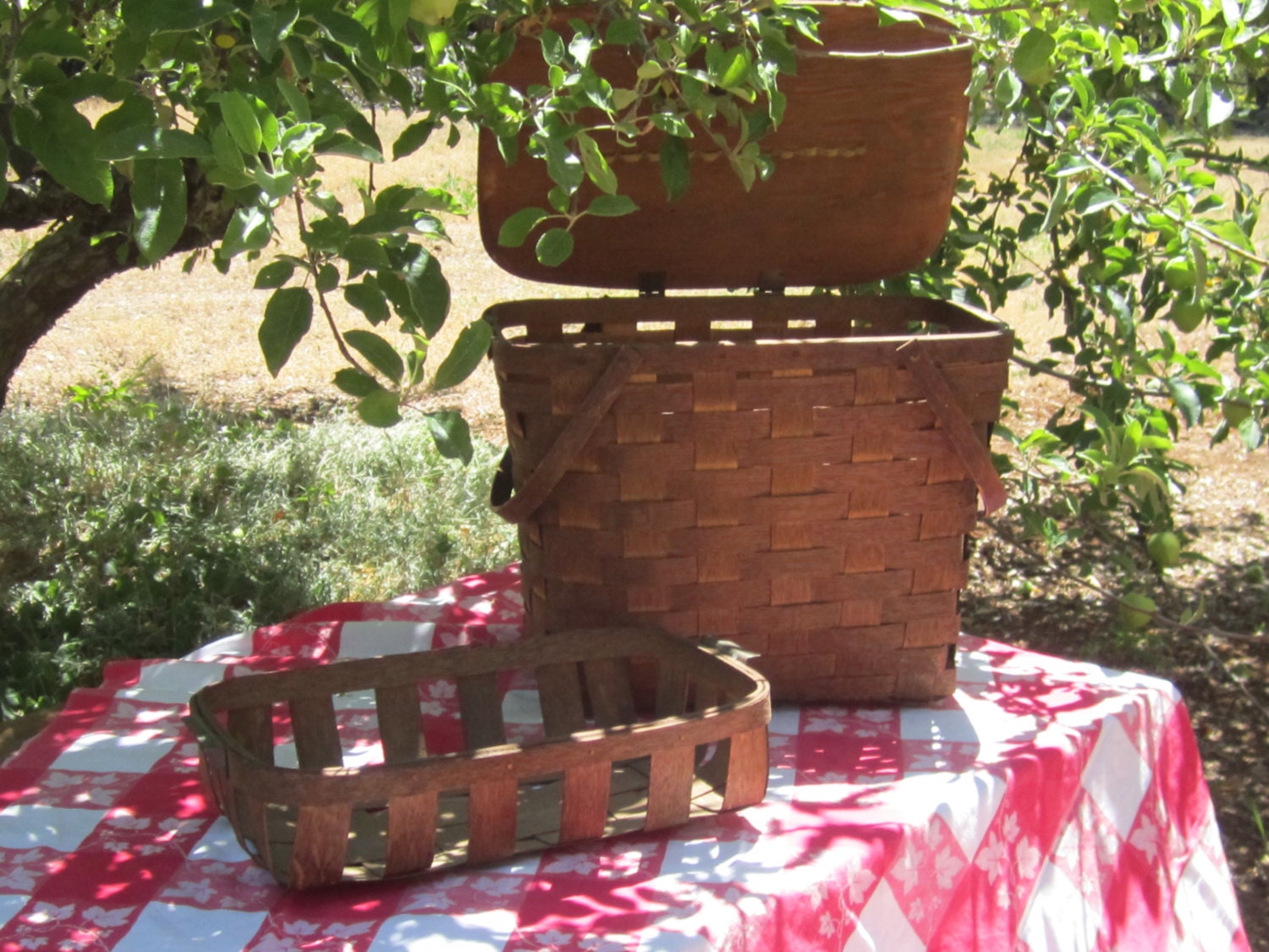 Vtg Rustic Picnic Basket Split wood with interior basket. Tall basket 13 1/2 inches tall double wooden handles