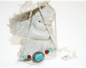 Turquoise and Red Bamboo Coral Necklace / Turquoise Howlite / Wire Wrapped Jewelry / Sterling Silver / Turquoise and Sterling