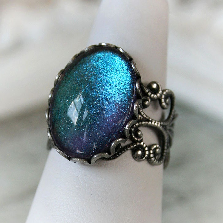 MERMAID TEARS Victorian cocktail ring with aged silver and hand painted indigo glass, free gift boxing