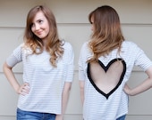 Grey striped Heart Cut out Shirt Upcycled Heart shirt