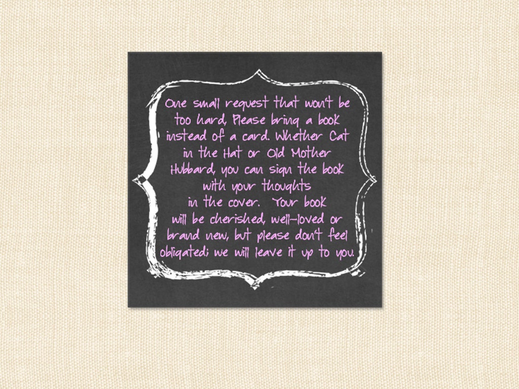 Pink Chalkboard Book Shower Invitation Inserts In lieu of a card Printable PDF-Instant Download