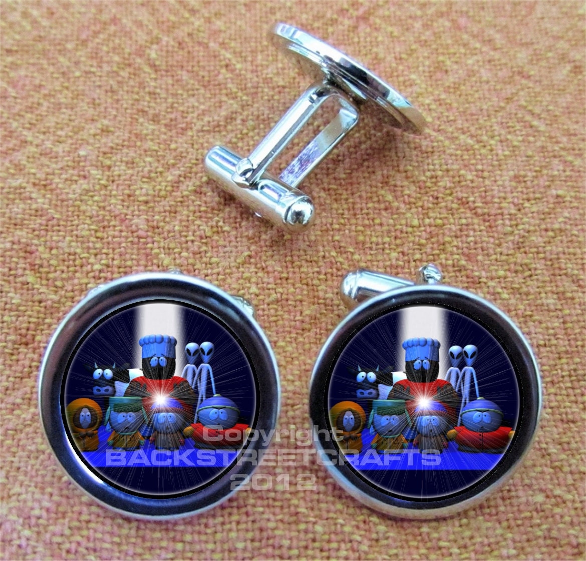 CARTMAN with ALIENS SOUTHPARK Nickel Plated Cuff Link Pair Free gift Box Weddings  Christmas Quickship Under 20.00