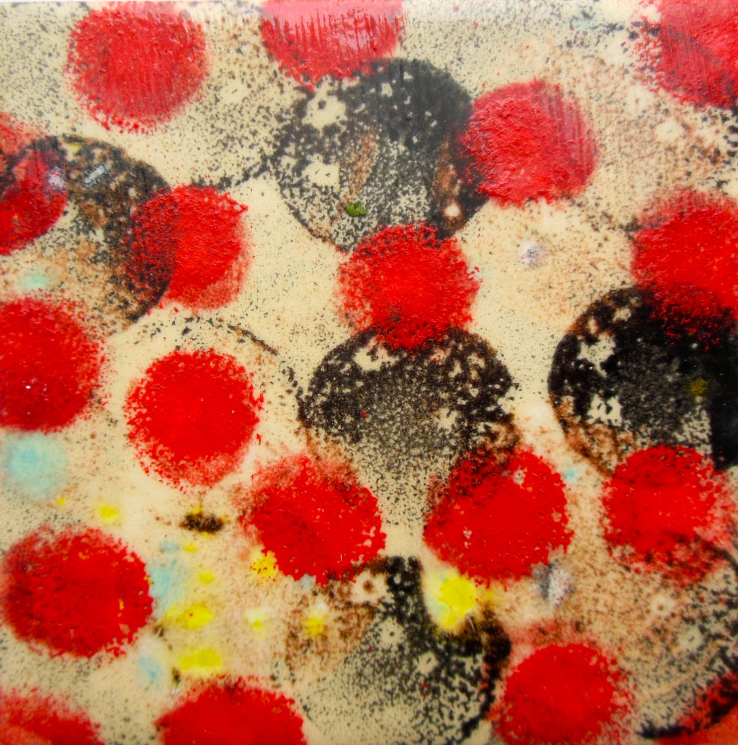 Dotty Red Hand Painted Porcelain Tile  4.25"x 4.25" by New York artist Joan Reese