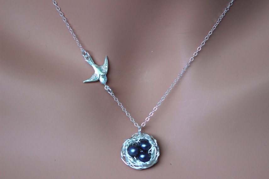 Three Eggs  Sterling Silver Birds Nest Necklace. Freshwater Pearl Bird Nest. Perfect For Brides Bridesmaids Gift Or Mothers.Flying Dove .
