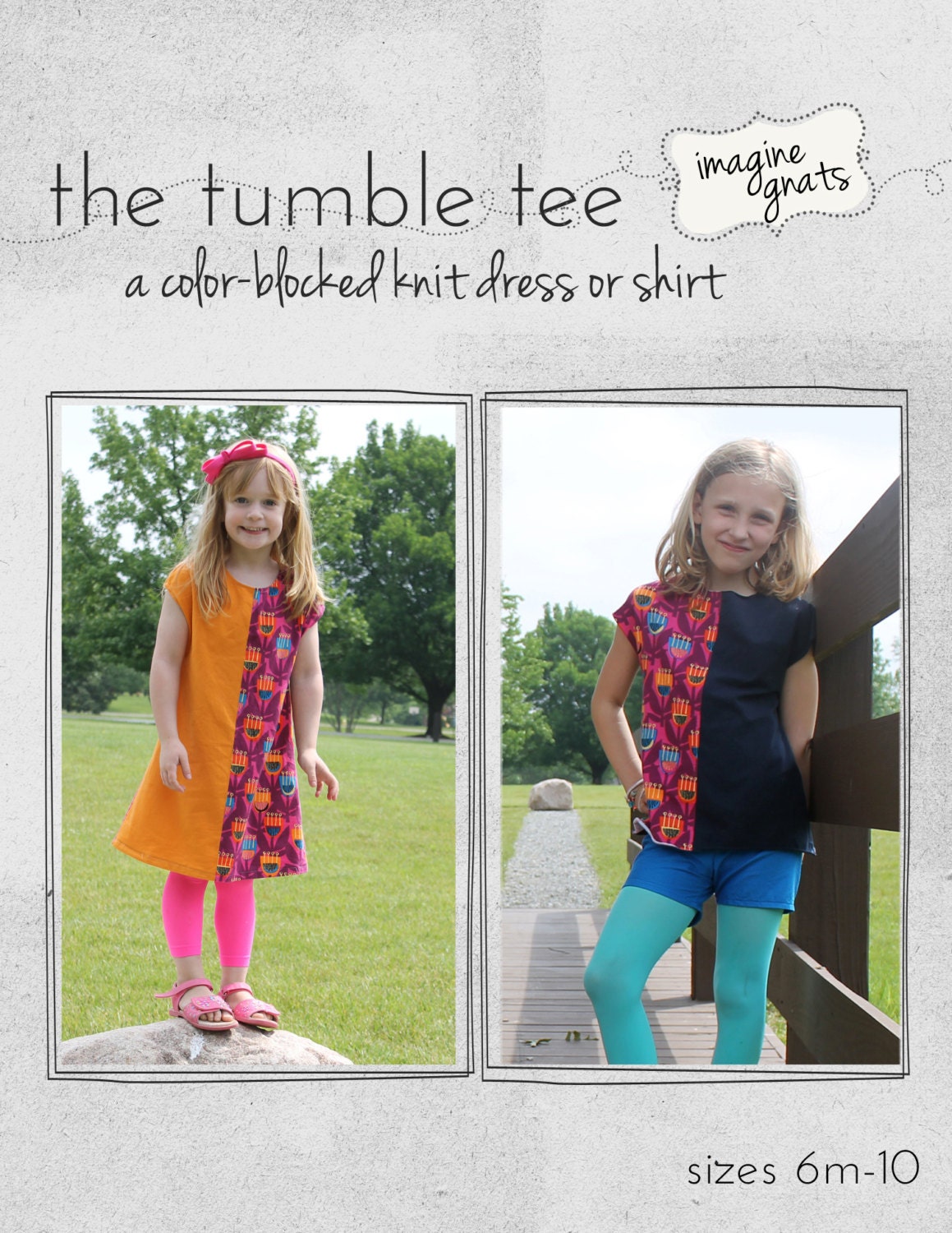 the tumble tee, a color-blocked knit dress or shirt pattern by Imagine Gnats