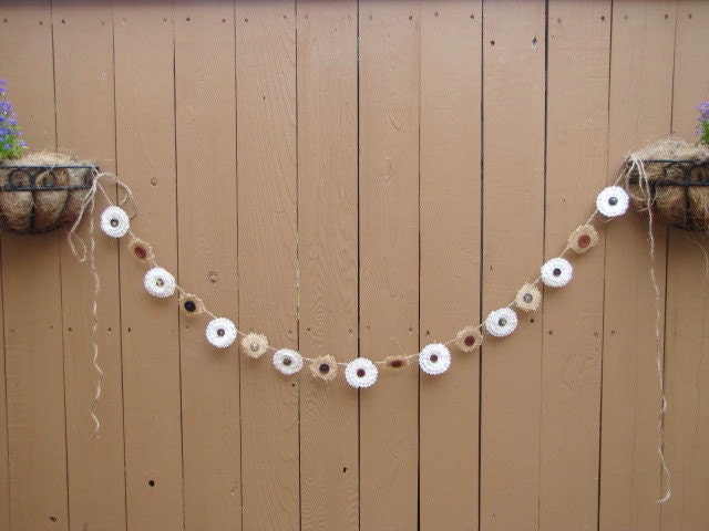 Vintage Burlap and Lace Floral Banner with Buttons Bridal Wedding Sweet Sixteen Home Decoration Rustic READY TO SHIP