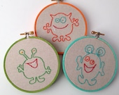 Monster Mash Embroidery Hoops, Set of 3, Hand Embroidered Set, Cotton & Linen Fabric, Embroidery Hoop Wall Art, 4" Hoop
