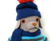 Beige Dog doll in Striped Sweater and Hat