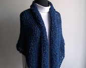 Hand Knit  Prayer Meditation Comfort Shawl, Scarf, Wrap, Triangular, Cobalt Blue, Soft Acrylic, Bed Jacket, Ready-to-Ship FREE SHIPPING
