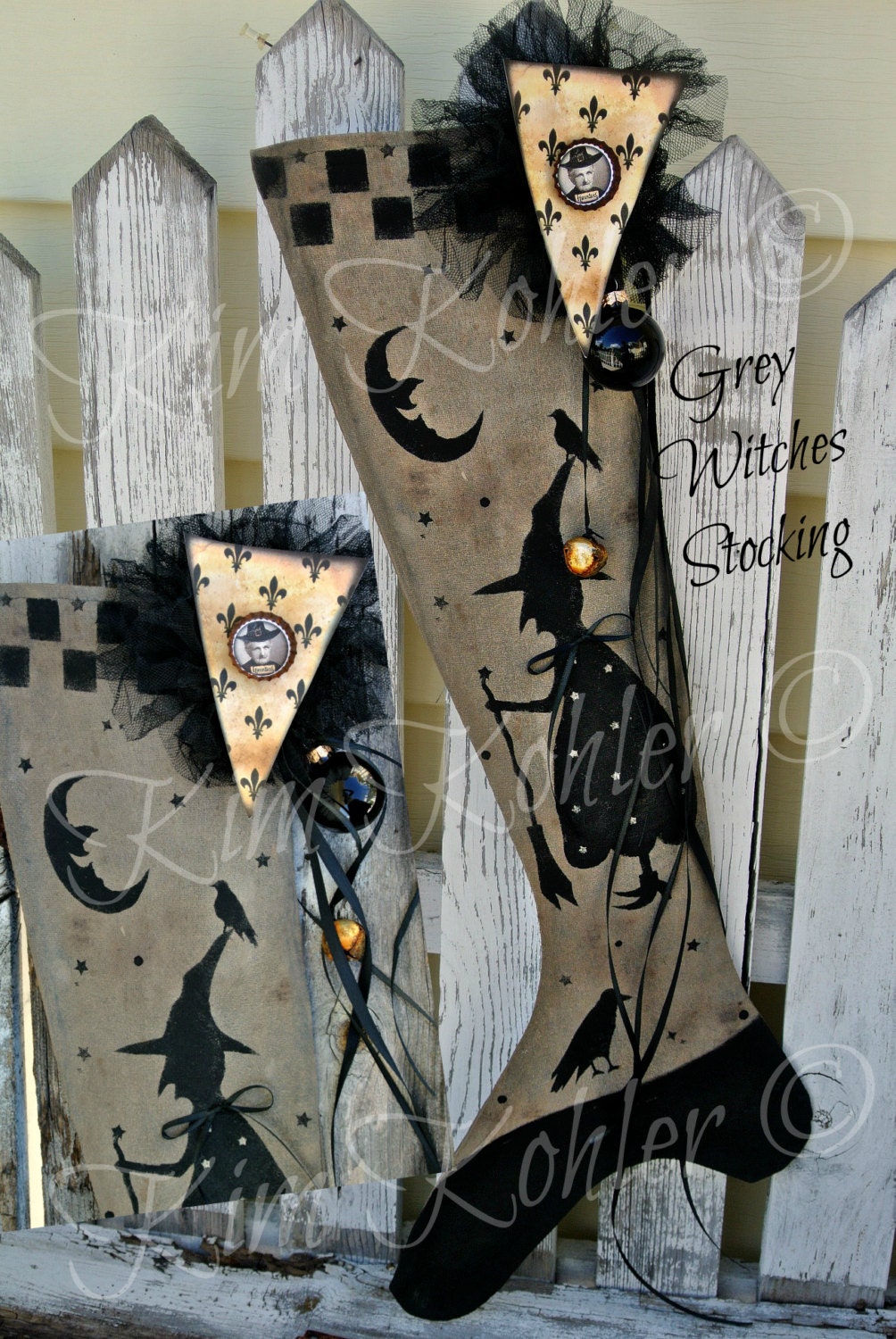 Witch Moon Stars Fabric Stocking Primitive OOAK Vintage Style Original Design Hand Painted Mixed Media Halloween