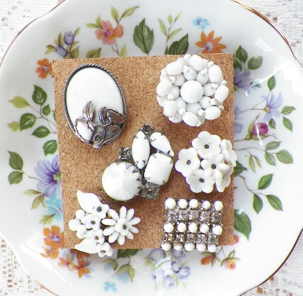 Rhinestones and Milk Glass Vintage Jewelry Thumbtacks / Push Pins
