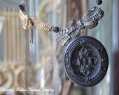 LOST LOVE--Vintage Assemblage Victorian Bog Oak Mourning Locket Daguerotype Rosary Gemstone NECKLACE