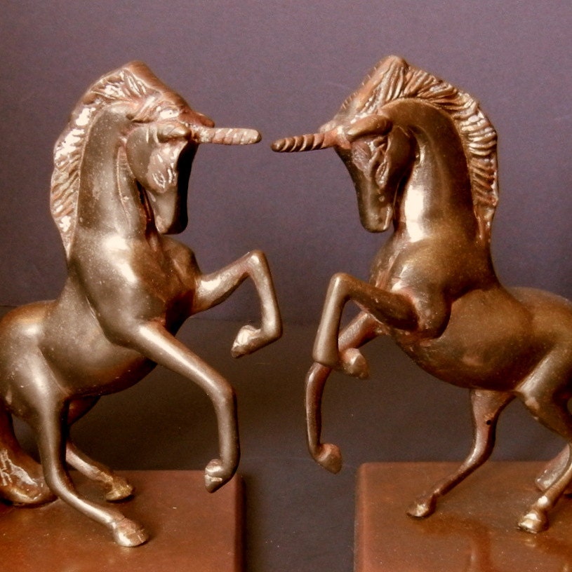 UNICORN BOOK ENDS / Brass or Bronze/ Mid Century/ / Home, Office, Library, Den / 6 1/2" h / est245
