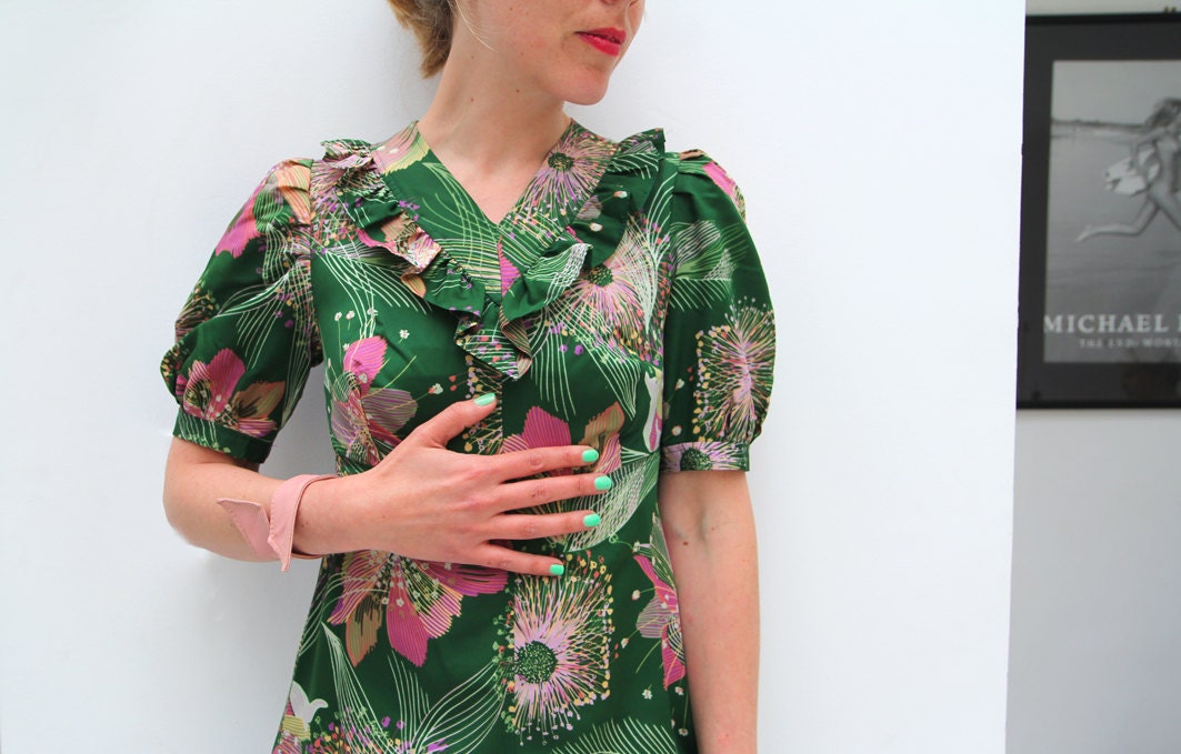 60s forest green purple puffed ruffled floral feather dress S/M