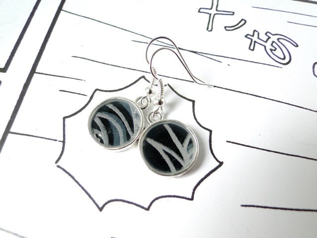 BLack earrings, Charcoal, Resin Jewelry, Japanese Yuzen Chiyogami Washi, Origami paper, Silver Plated, Gift under 15