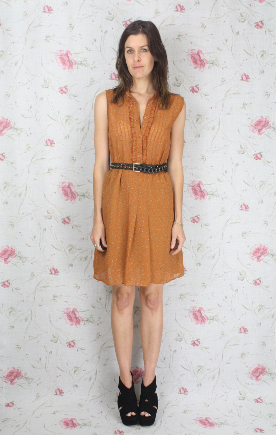 Vintage paisley print shirt dress - orange rust Japanese sleeveless boho 80s XS-S
