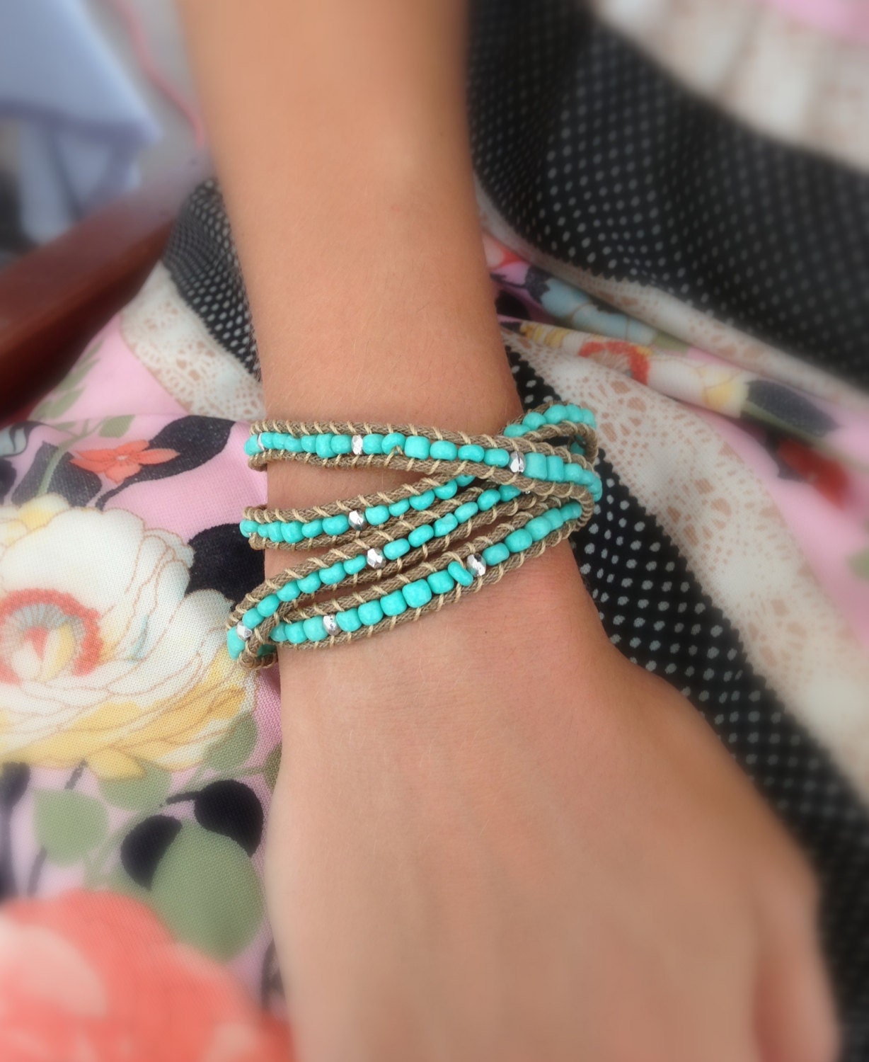 Turquoise and Twine Beaded Wrap Bracelet