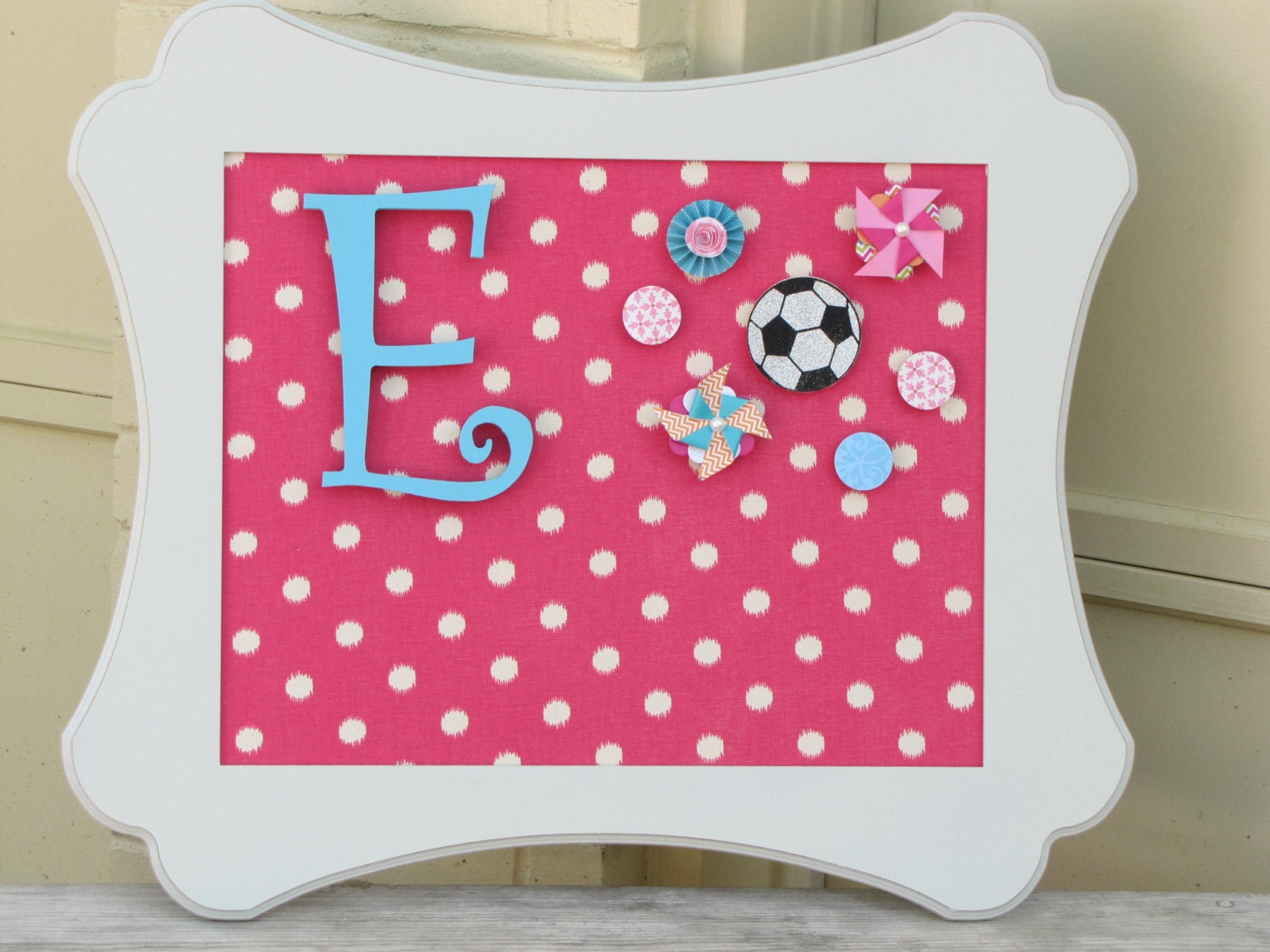 MEMO BOARD white fun wooden framed Magnet Board, Childrens Room, Magnetic Pink polka dot Modern Fabric Bulletin Board Cottage Chic