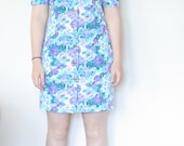 Blue Purple Floral Print Mini Dress Vintage 80s