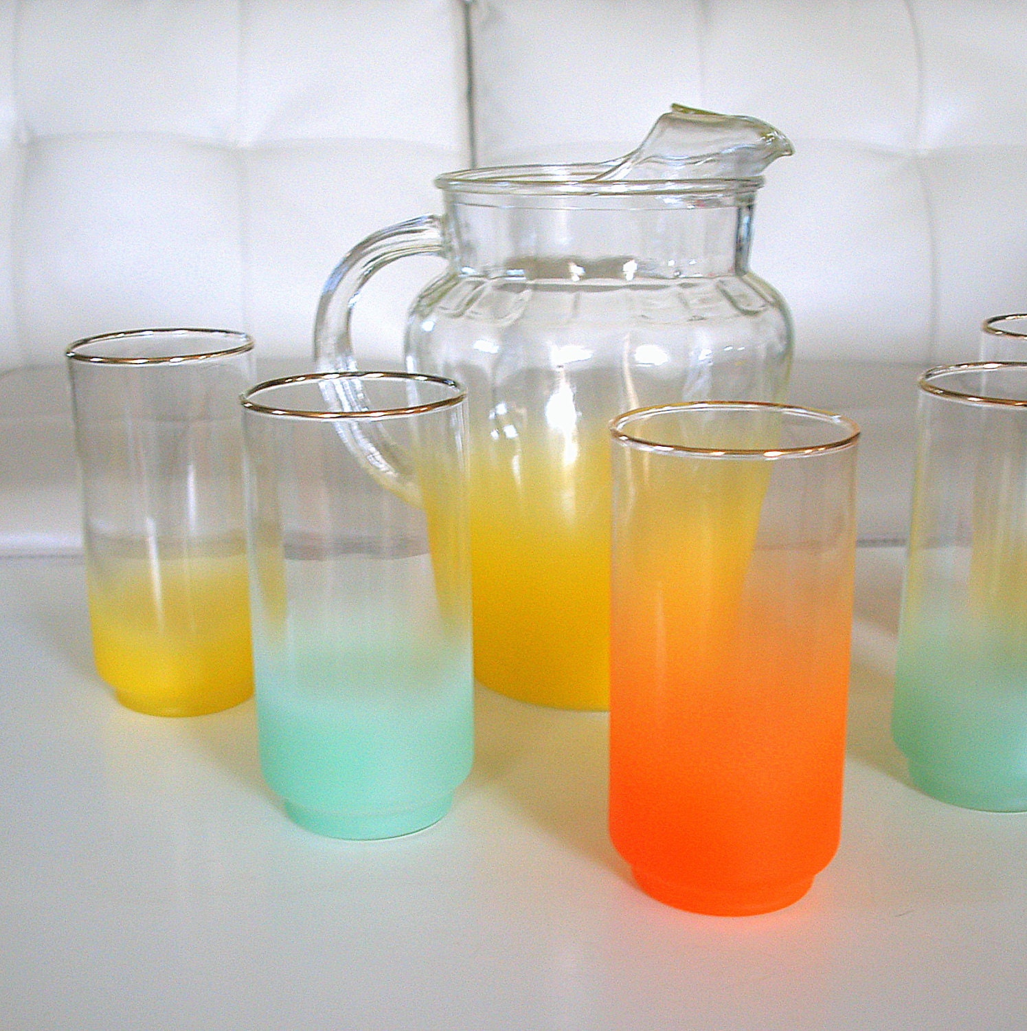 60s MID CENTURY BARWARE Vintage Retro Kitchen 5 Drinking Glasses and Pitcher Yellow Orange & Mint Green Glassware Set