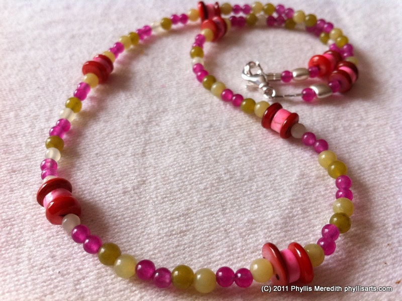 Multicolor Korean Jade, Real Coral and dyed Howlite necklace