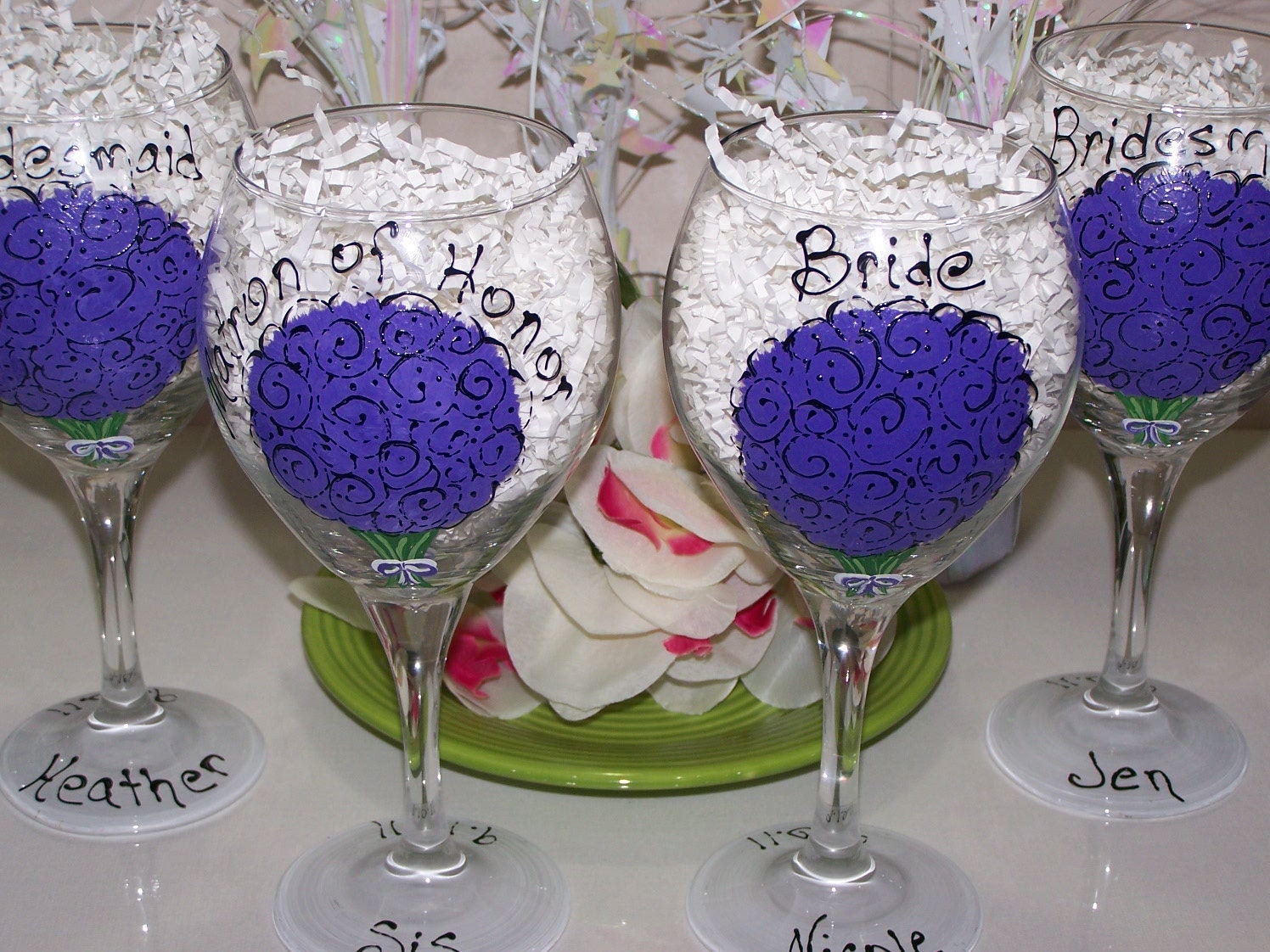 Hand Painted Wine Glasses for Bridal Party Fixed of 4