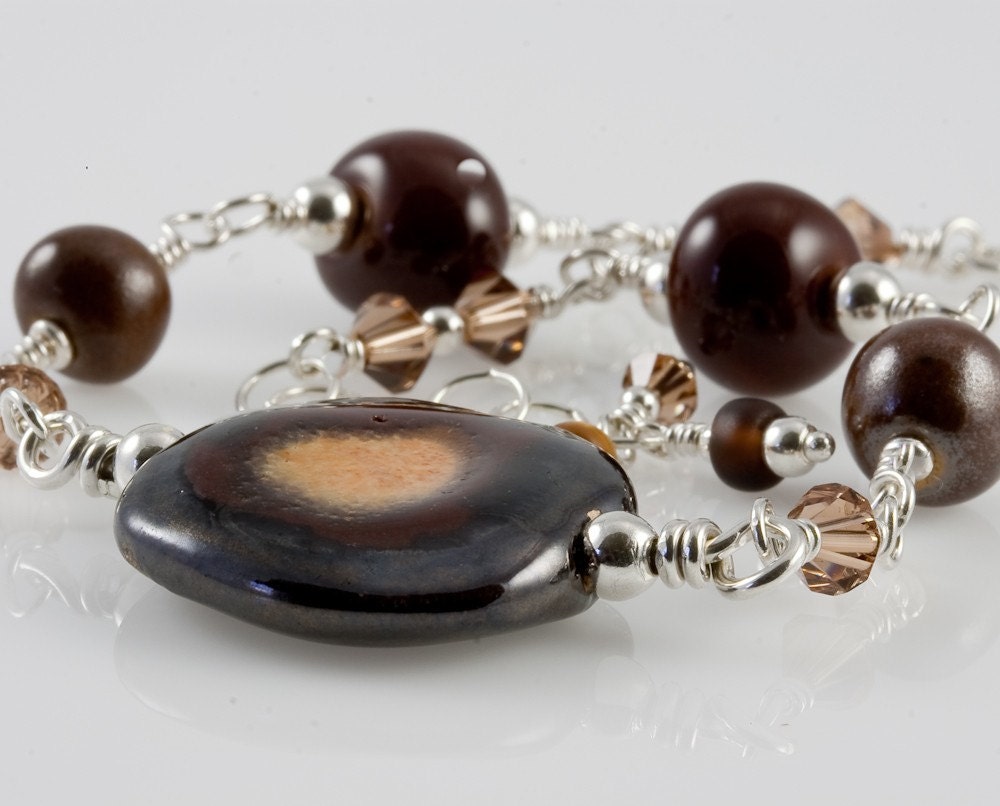 Earthy Kazuri Bead and Swarovski Silver Bracelet