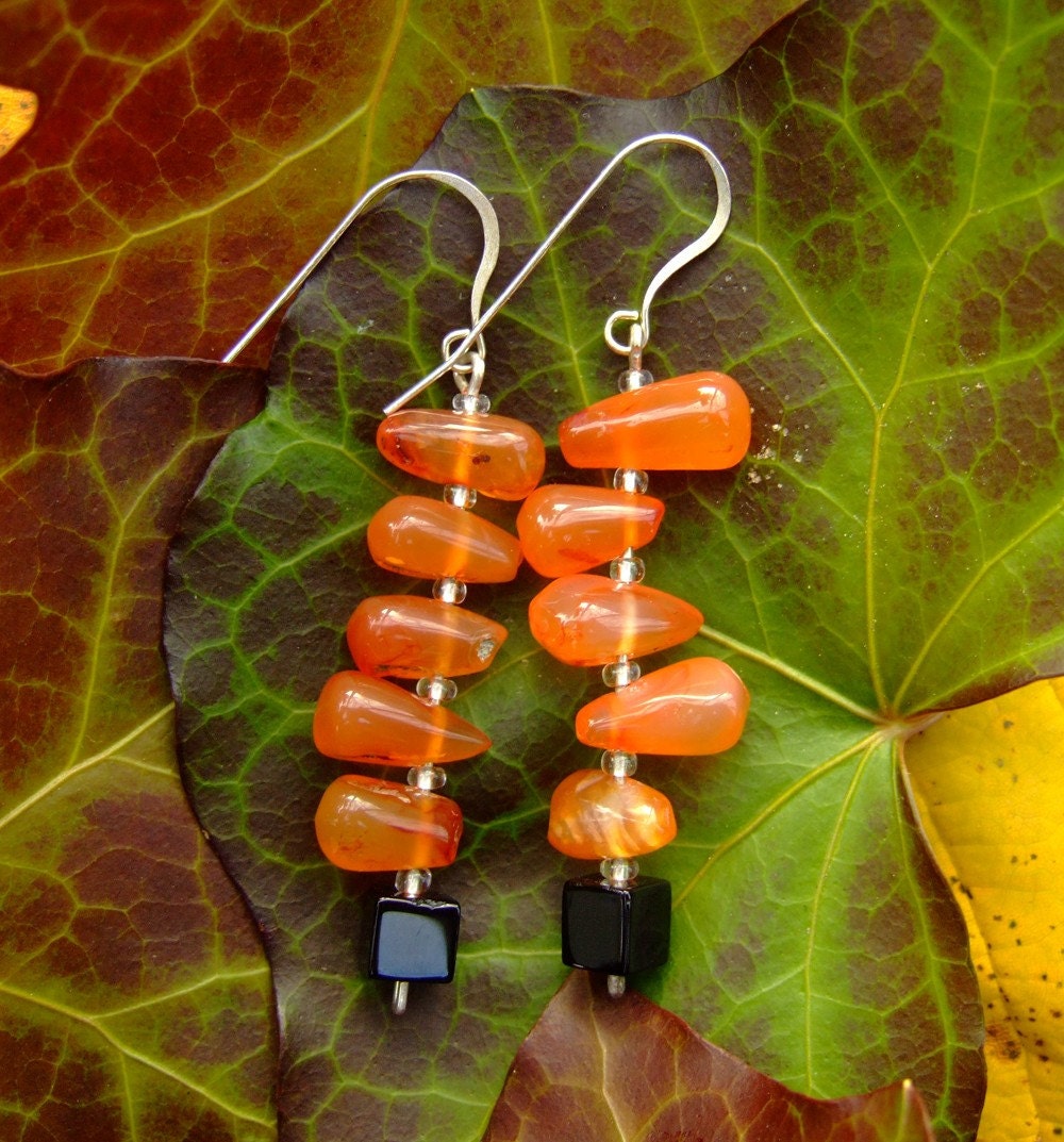 Candy Corn, orange carnelian, black onyx, silver earrings