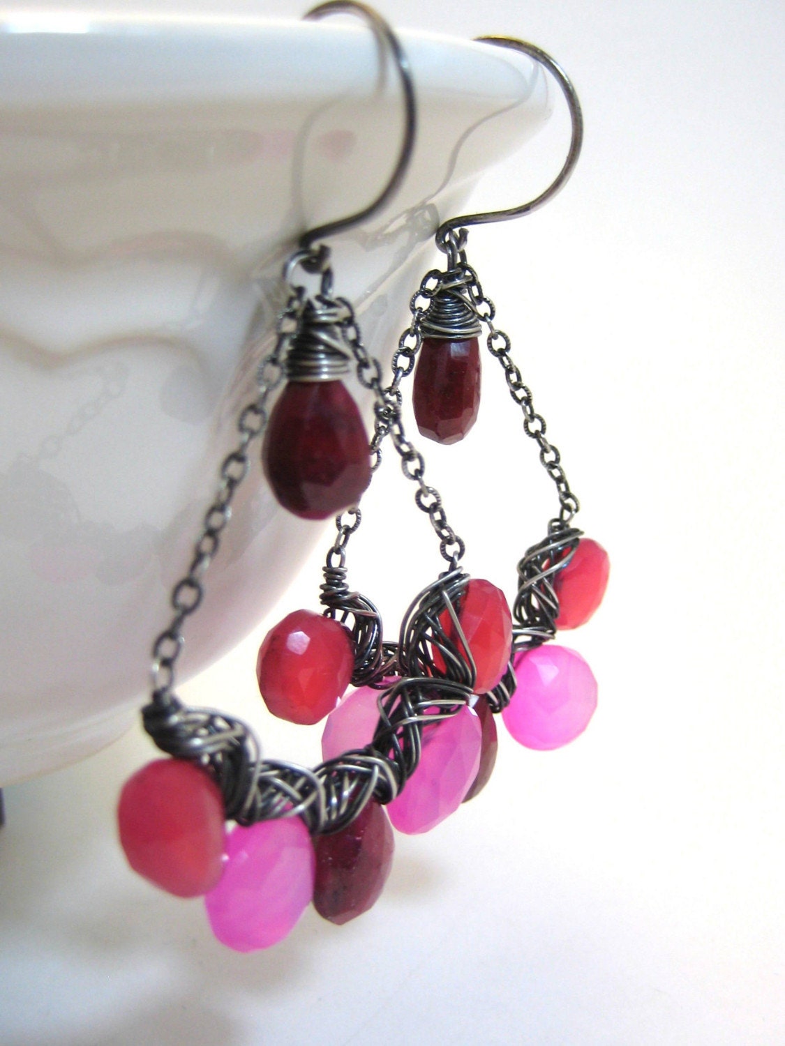 Hot Pink and Ruby Red Woven Drop Earrings