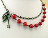 Red Coral and Brass Necklace with lock and key charms   Fashion Gifts tbteam tpt team