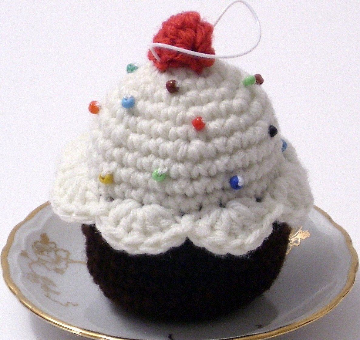 Crocheted and beaded cupcake ornament CHOCOLATE