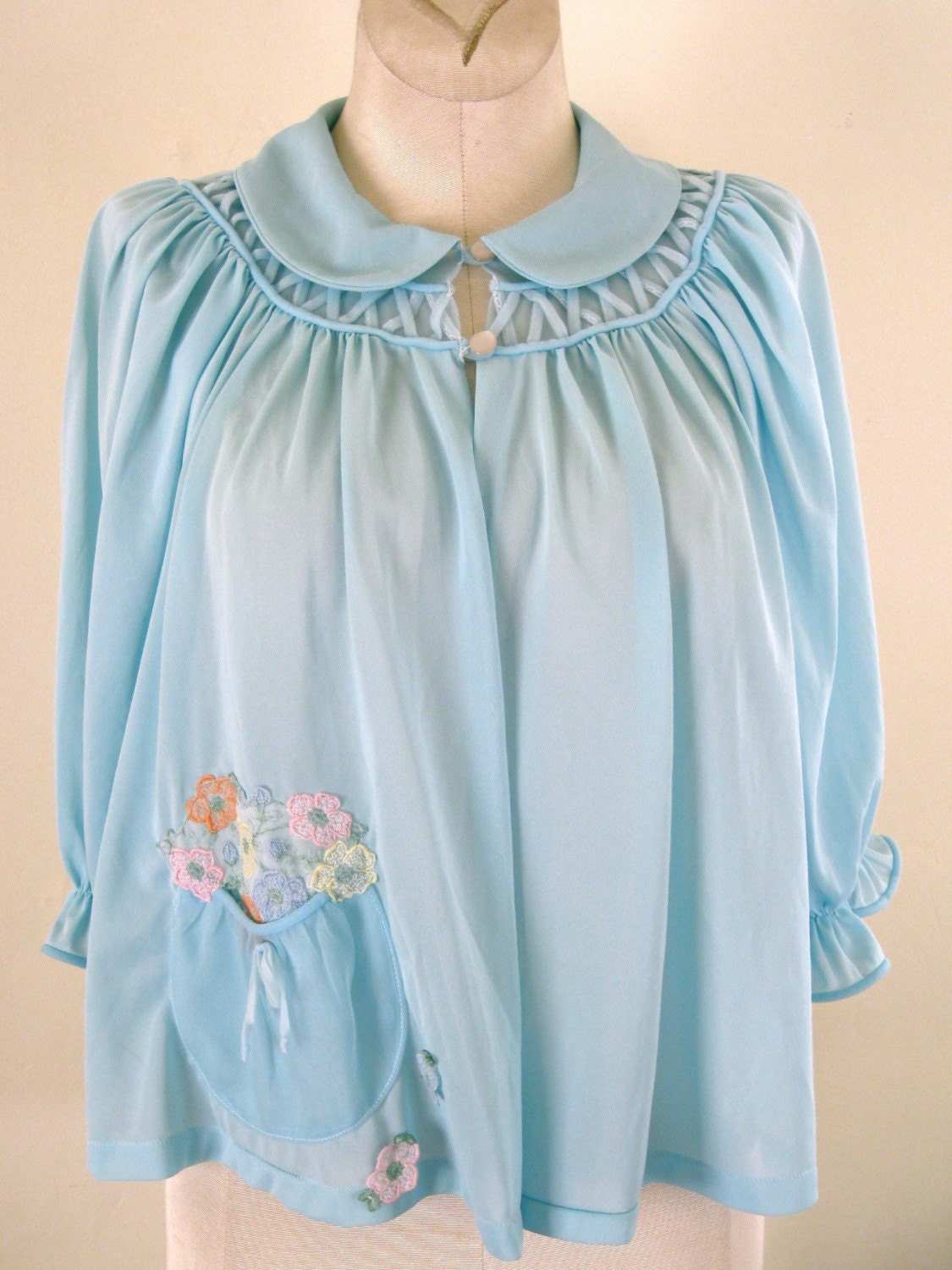 SALE - 50s Floral Embroidery Nylon Bed Jacket - S