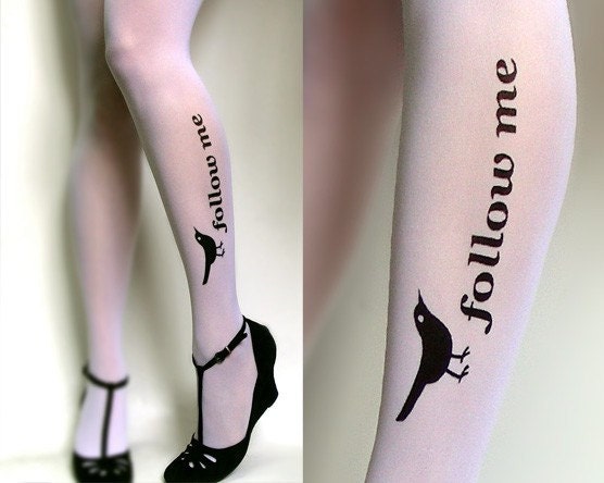 sexy, funny and flirty FOLLOW ME twitter Tattoo thigh-high stockings WHITE
