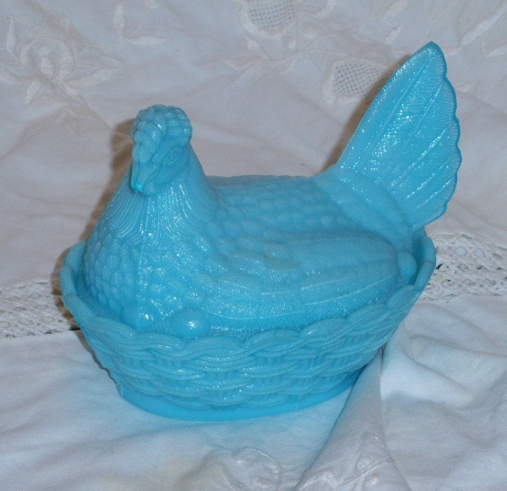 Blue Milk Glass Nesting Chicken